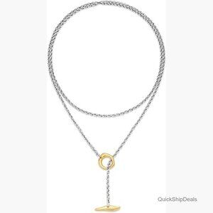 Long Silver and Gold Plated Y Necklace Mixed Metal Toggle T Bar Pendant